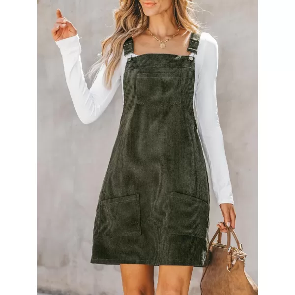 imageCUPSHE Womens Casual Mini Dress Square Neck Corduroy Solid Pocket Front Wide Straps Short Overall DressesOlive Green