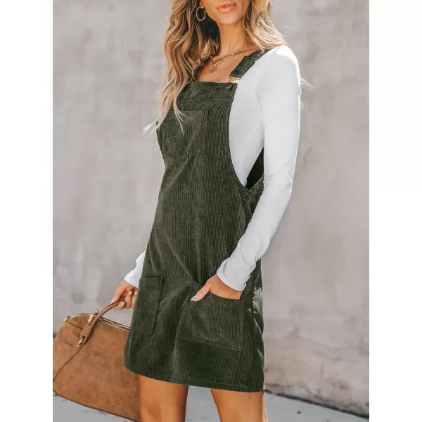 imageCUPSHE Womens Casual Mini Dress Square Neck Corduroy Solid Pocket Front Wide Straps Short Overall DressesOlive Green