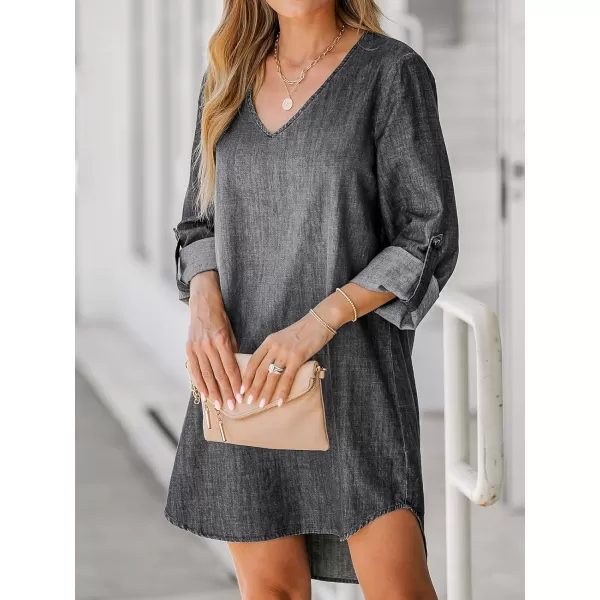 imageCUPSHE Womens Casual Mini Dress V Neck Dolphin Hem RollTab Cuffs Long Sleeve A Line Short Loose Fit Demin DressesBlack