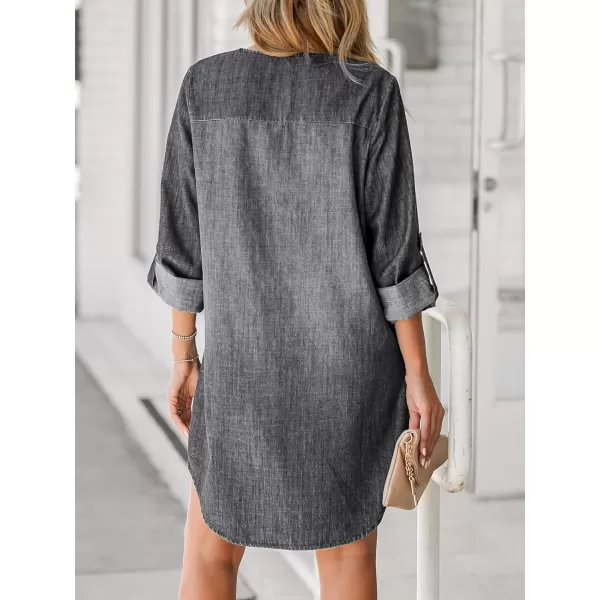 imageCUPSHE Womens Casual Mini Dress V Neck Dolphin Hem RollTab Cuffs Long Sleeve A Line Short Loose Fit Demin DressesBlack