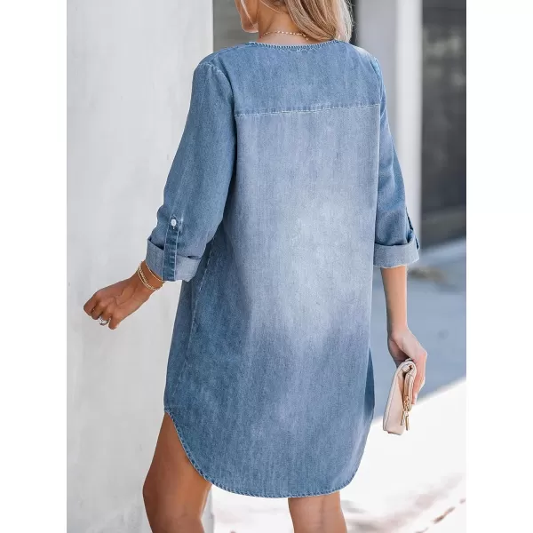 imageCUPSHE Womens Casual Mini Dress V Neck Dolphin Hem RollTab Cuffs Long Sleeve A Line Short Loose Fit Demin DressesLight Blue