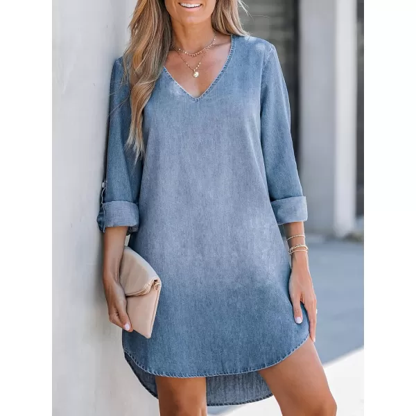 imageCUPSHE Womens Casual Mini Dress V Neck Dolphin Hem RollTab Cuffs Long Sleeve A Line Short Loose Fit Demin DressesLight Blue