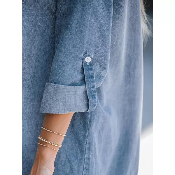 imageCUPSHE Womens Casual Mini Dress V Neck Dolphin Hem RollTab Cuffs Long Sleeve A Line Short Loose Fit Demin DressesLight Blue