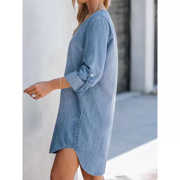 imageCUPSHE Womens Casual Mini Dress V Neck Dolphin Hem RollTab Cuffs Long Sleeve A Line Short Loose Fit Demin DressesLight Blue