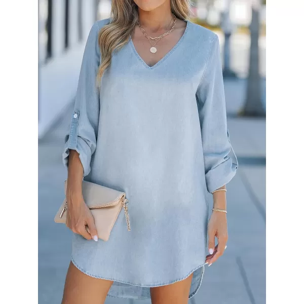 imageCUPSHE Womens Casual Mini Dress V Neck Dolphin Hem RollTab Cuffs Long Sleeve A Line Short Loose Fit Demin DressesLight Sky Blue