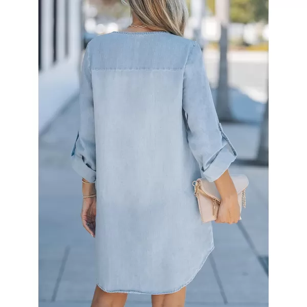 imageCUPSHE Womens Casual Mini Dress V Neck Dolphin Hem RollTab Cuffs Long Sleeve A Line Short Loose Fit Demin DressesLight Sky Blue