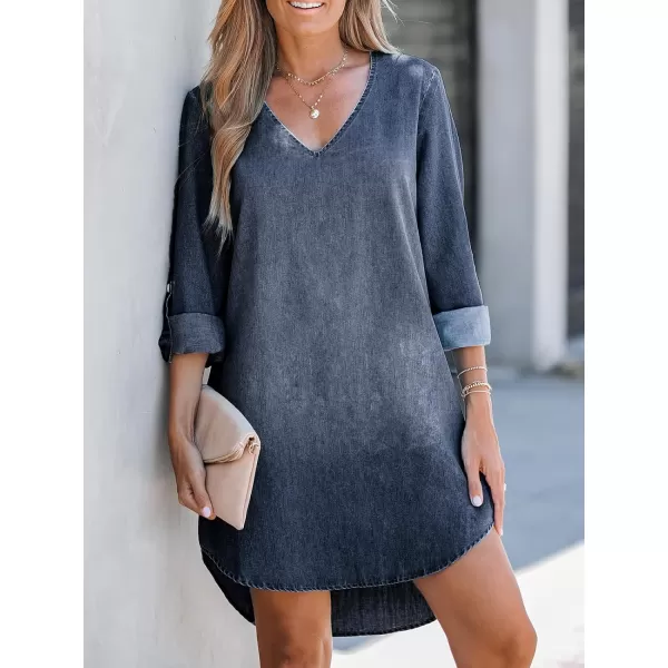 imageCUPSHE Womens Casual Mini Dress V Neck Dolphin Hem RollTab Cuffs Long Sleeve A Line Short Loose Fit Demin DressesMidnight Blue