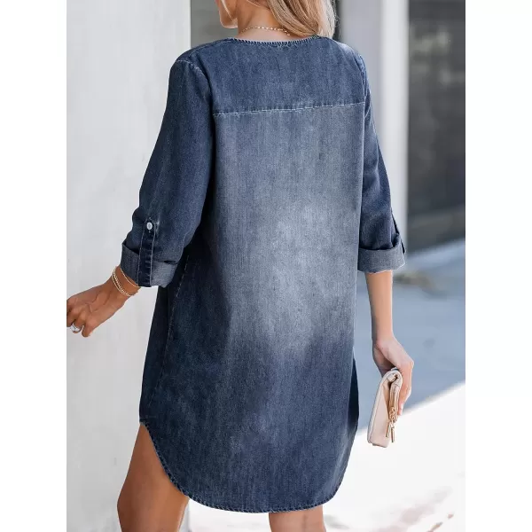 imageCUPSHE Womens Casual Mini Dress V Neck Dolphin Hem RollTab Cuffs Long Sleeve A Line Short Loose Fit Demin DressesMidnight Blue