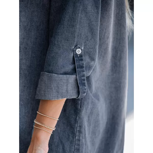 imageCUPSHE Womens Casual Mini Dress V Neck Dolphin Hem RollTab Cuffs Long Sleeve A Line Short Loose Fit Demin DressesMidnight Blue
