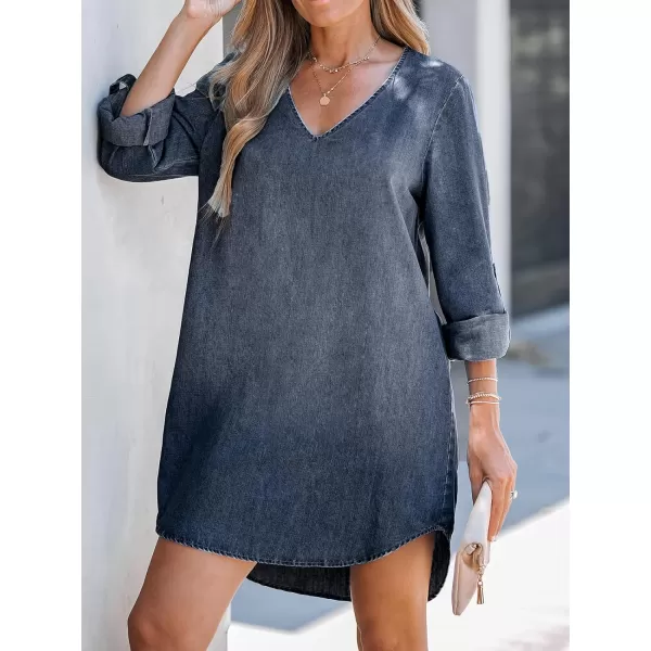 imageCUPSHE Womens Casual Mini Dress V Neck Dolphin Hem RollTab Cuffs Long Sleeve A Line Short Loose Fit Demin DressesMidnight Blue