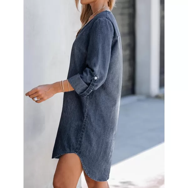imageCUPSHE Womens Casual Mini Dress V Neck Dolphin Hem RollTab Cuffs Long Sleeve A Line Short Loose Fit Demin DressesMidnight Blue