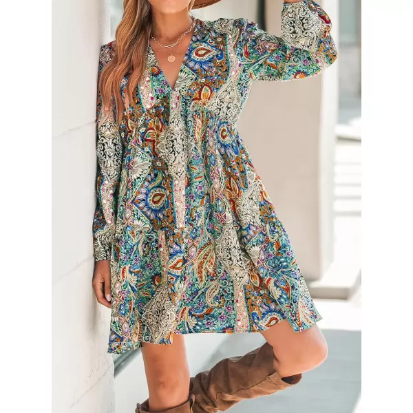 imageCUPSHE Womens Casual Mini Dress V Neck Retro Paisley Print Onyx Long Sleeve Loose Fit A Line Short Bohe DressesGreen Paisley