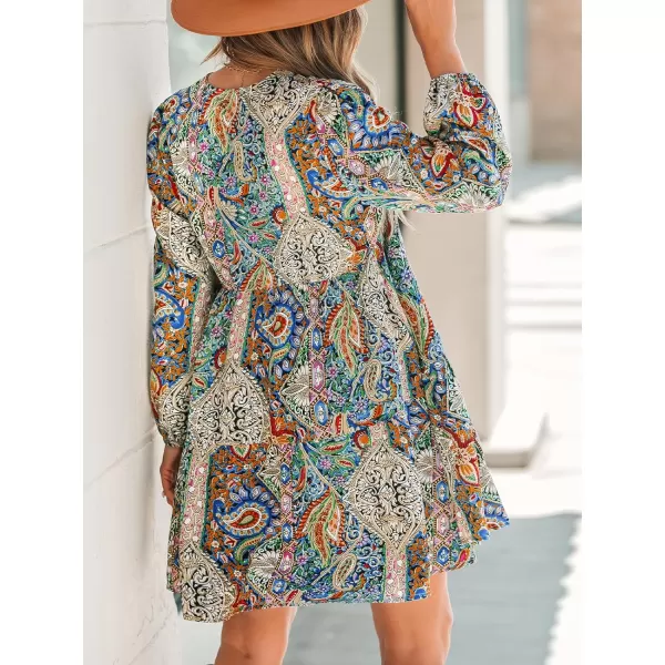 imageCUPSHE Womens Casual Mini Dress V Neck Retro Paisley Print Onyx Long Sleeve Loose Fit A Line Short Bohe DressesGreen Paisley