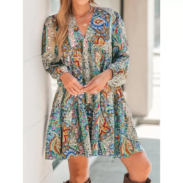 imageCUPSHE Womens Casual Mini Dress V Neck Retro Paisley Print Onyx Long Sleeve Loose Fit A Line Short Bohe DressesGreen Paisley