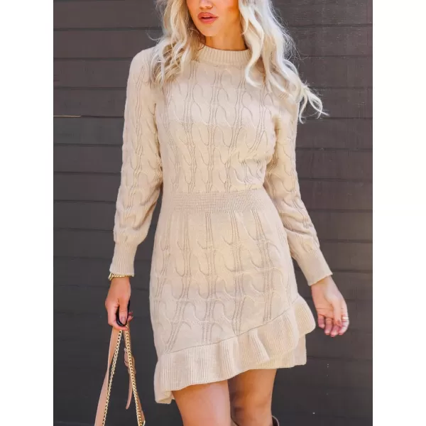 imageCUPSHE Womens Casual Pullover Fall Sweaters Round Neck Cable Knit Long Sleeves Sweater DressAlmond