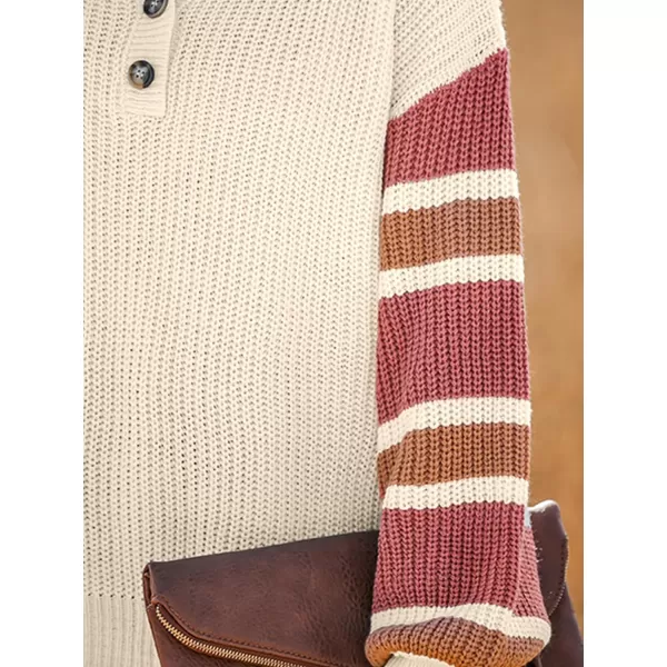 imageCUPSHE Womens Casual Pullover Fall Sweaters V Neck Striped Knit Button Long Sleeves Henley TopsBeige