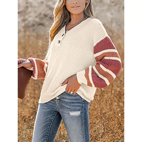 imageCUPSHE Womens Casual Pullover Fall Sweaters V Neck Striped Knit Button Long Sleeves Henley TopsBeige
