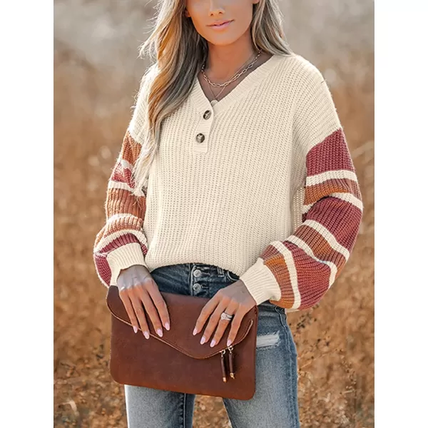 imageCUPSHE Womens Casual Pullover Fall Sweaters V Neck Striped Knit Button Long Sleeves Henley TopsBeige