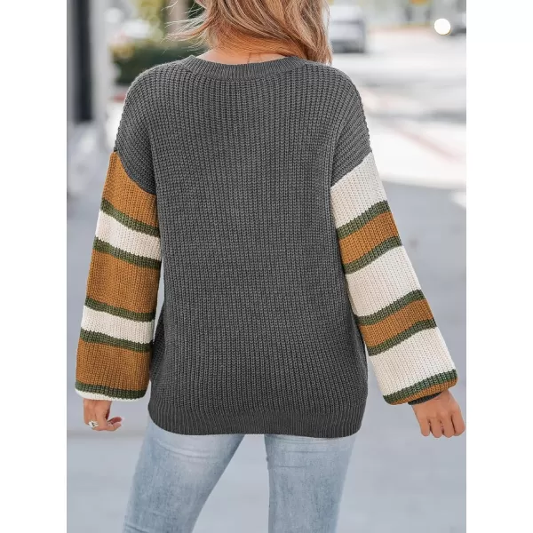 imageCUPSHE Womens Casual Pullover Fall Sweaters V Neck Striped Knit Button Long Sleeves Henley TopsGray