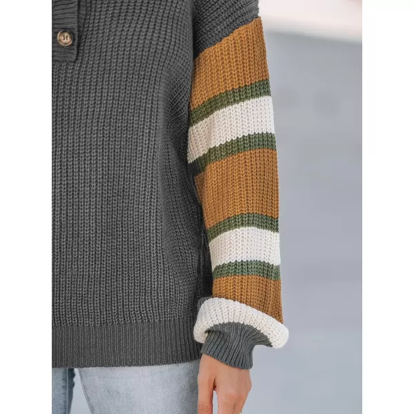 imageCUPSHE Womens Casual Pullover Fall Sweaters V Neck Striped Knit Button Long Sleeves Henley TopsGray