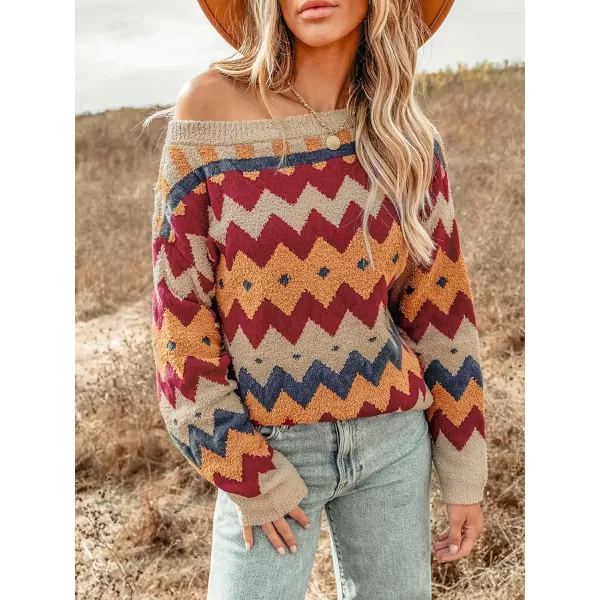 imageCUPSHE Womens Casual Pullover Sweaters One Shoulder Chevron Ethnic Knit Long Sleeves TopsOrangeRed