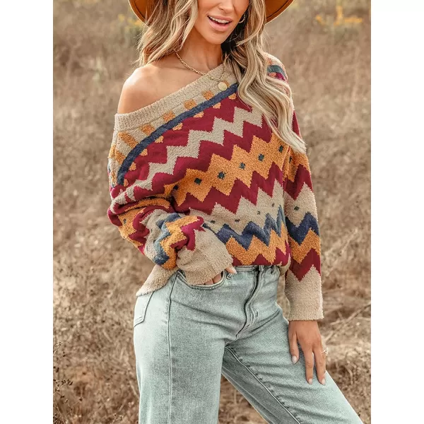imageCUPSHE Womens Casual Pullover Sweaters One Shoulder Chevron Ethnic Knit Long Sleeves TopsOrangeRed