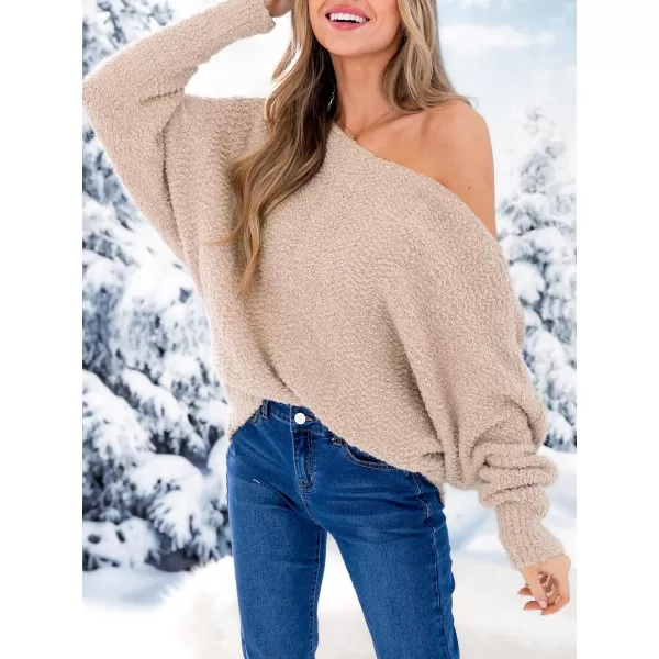 imageCUPSHE Womens Casual Pullover Sweaters One Shoulder Lantern Long Sleeve Oversized Puff Knit Chunky Warm TopLight Brown