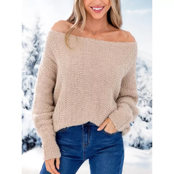 imageCUPSHE Womens Casual Pullover Sweaters One Shoulder Lantern Long Sleeve Oversized Puff Knit Chunky Warm TopLight Brown