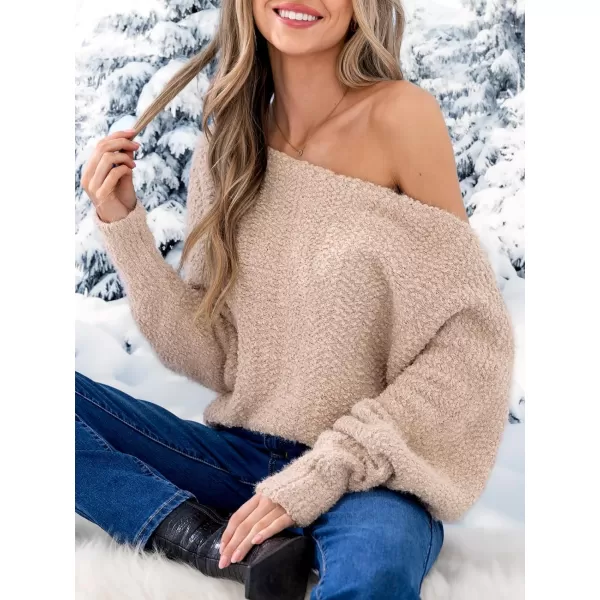 imageCUPSHE Womens Casual Pullover Sweaters One Shoulder Lantern Long Sleeve Oversized Puff Knit Chunky Warm TopLight Brown