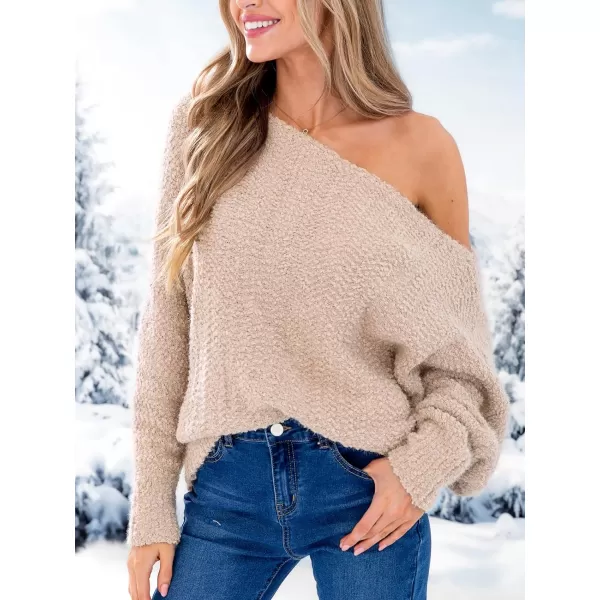 imageCUPSHE Womens Casual Pullover Sweaters One Shoulder Lantern Long Sleeve Oversized Puff Knit Chunky Warm TopLight Brown