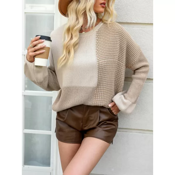 imageCUPSHE Womens Casual Pullover Sweaters Round Neck Winter Lantern Long Sleeves Top Dropped Color Block Ribbed KnitKhaki