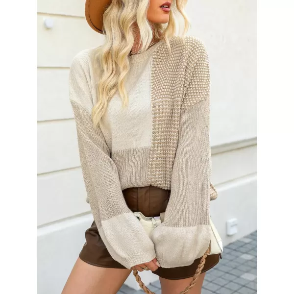 imageCUPSHE Womens Casual Pullover Sweaters Round Neck Winter Lantern Long Sleeves Top Dropped Color Block Ribbed KnitKhaki