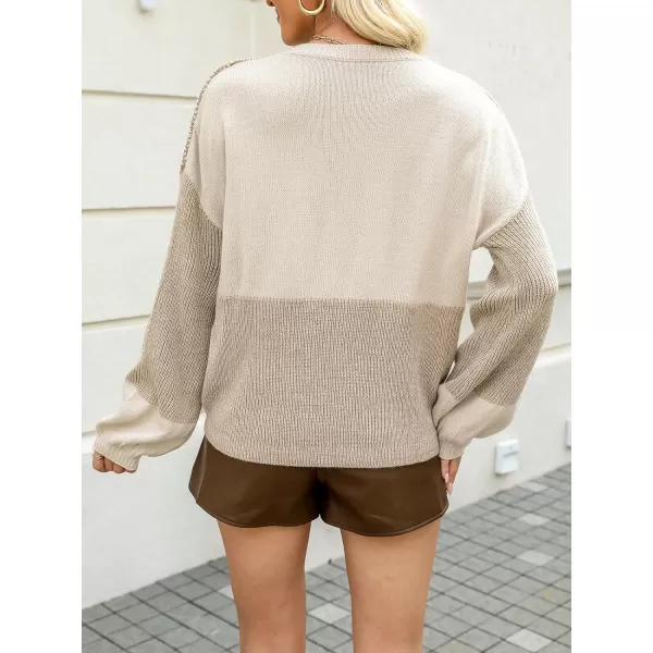 imageCUPSHE Womens Casual Pullover Sweaters Round Neck Winter Lantern Long Sleeves Top Dropped Color Block Ribbed KnitKhaki