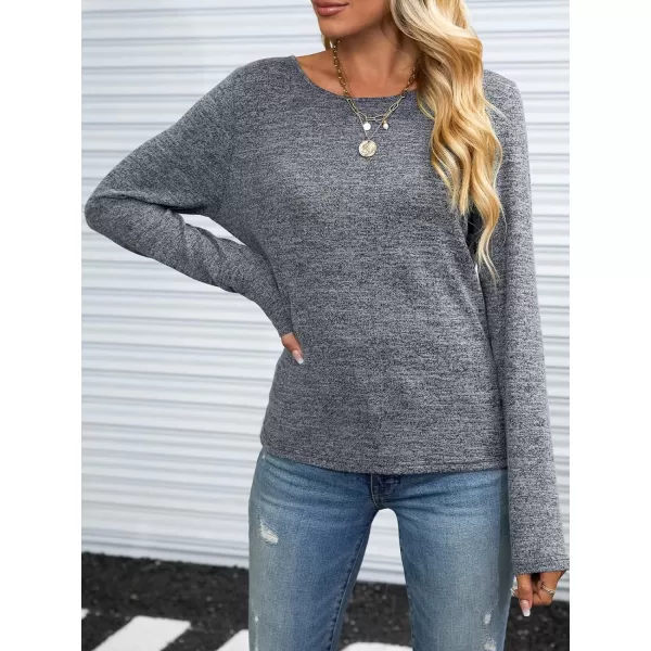 imageCUPSHE Womens Casual Round Neck Blouse Knit Cut Out Shirts Long Sleeves Tops with Caged BackGrey