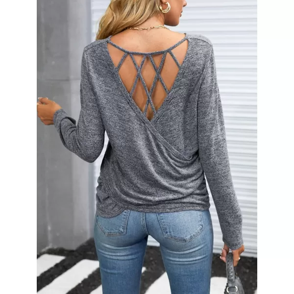 imageCUPSHE Womens Casual Round Neck Blouse Knit Cut Out Shirts Long Sleeves Tops with Caged BackGrey