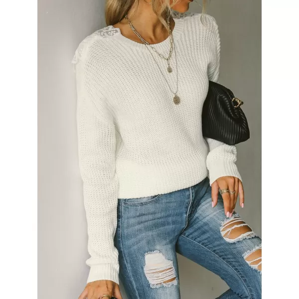 imageCUPSHE Womens Casual Round Neck Fall Sweater Rib Knit Long Sleeves Pullover with Lace TrimWhite