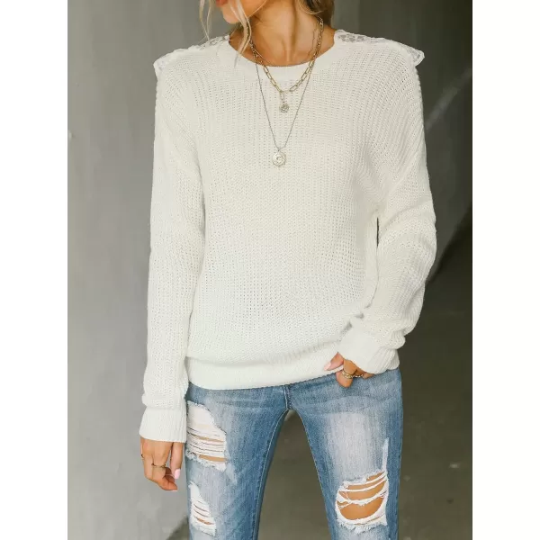 imageCUPSHE Womens Casual Round Neck Fall Sweater Rib Knit Long Sleeves Pullover with Lace TrimWhite