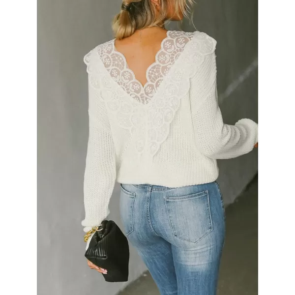 imageCUPSHE Womens Casual Round Neck Fall Sweater Rib Knit Long Sleeves Pullover with Lace TrimWhite