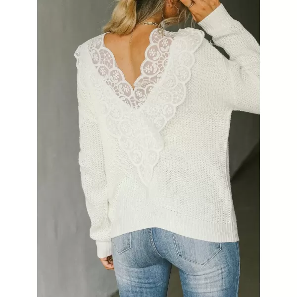 imageCUPSHE Womens Casual Round Neck Fall Sweater Rib Knit Long Sleeves Pullover with Lace TrimWhite