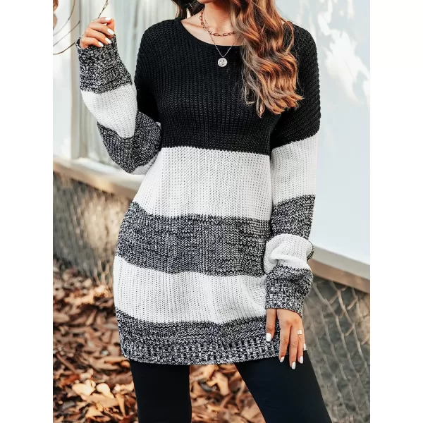 imageCUPSHE Womens Casual Round Neck Knit Sweater Color Block Fall Pullover with Stripe PrintingBlack
