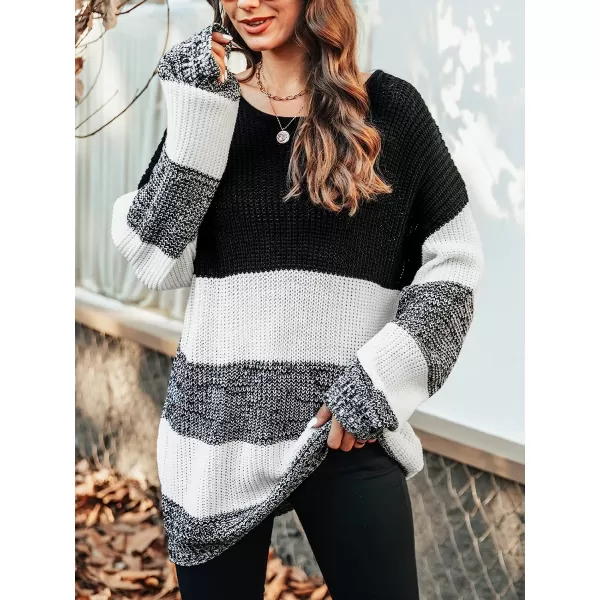 imageCUPSHE Womens Casual Round Neck Knit Sweater Color Block Fall Pullover with Stripe PrintingBlack