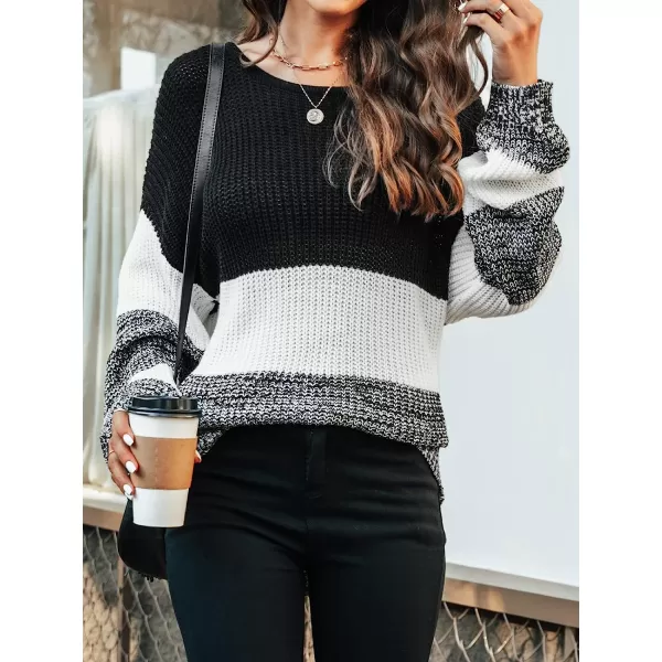 imageCUPSHE Womens Casual Round Neck Knit Sweater Color Block Fall Pullover with Stripe PrintingBlack