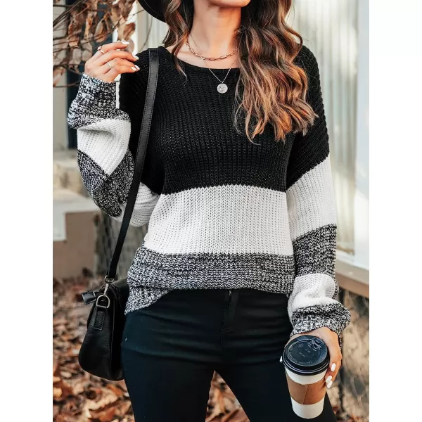 imageCUPSHE Womens Casual Round Neck Knit Sweater Color Block Fall Pullover with Stripe PrintingBlack