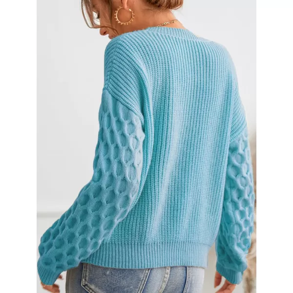 imageCUPSHE Womens Casual Round Neck Sweater Autumn Long Sleeves Fitted Pullover with Honeycomb KnitOcean Blue