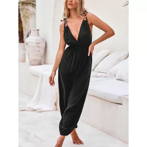 imageCUPSHE Womens Casual Sleeveless Jumpsuit 2024 Tie Strappy Backless Loose Jogger Romper with PocketsBlack