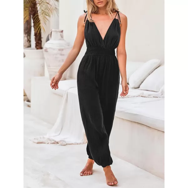 imageCUPSHE Womens Casual Sleeveless Jumpsuit 2024 Tie Strappy Backless Loose Jogger Romper with PocketsBlack