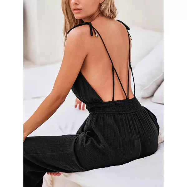imageCUPSHE Womens Casual Sleeveless Jumpsuit 2024 Tie Strappy Backless Loose Jogger Romper with PocketsBlack