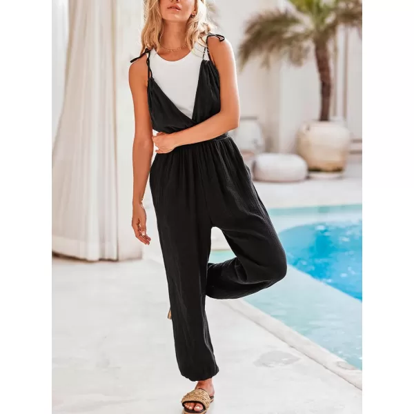 imageCUPSHE Womens Casual Sleeveless Jumpsuit 2024 Tie Strappy Backless Loose Jogger Romper with PocketsBlack