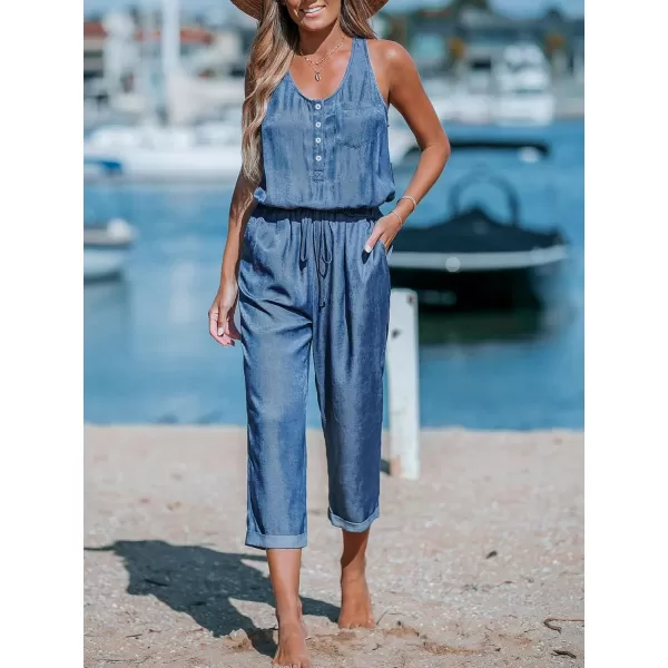 imageCUPSHE Womens Casual Sleeveless Scoop Neck Button Down Overalls With PocketsBlue