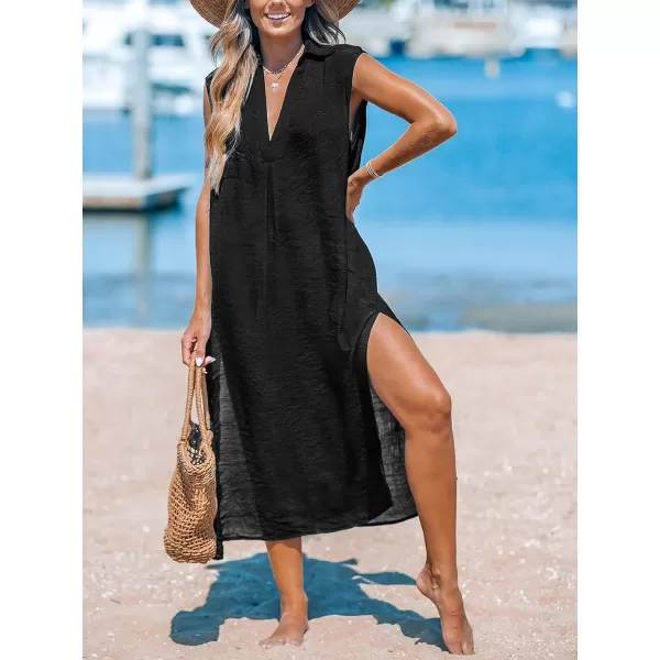 imageCUPSHE Womens Casual Sleeveless Side Split Long Cardigans V Neck Swimsuit Cover Up Long Beach DressBlack